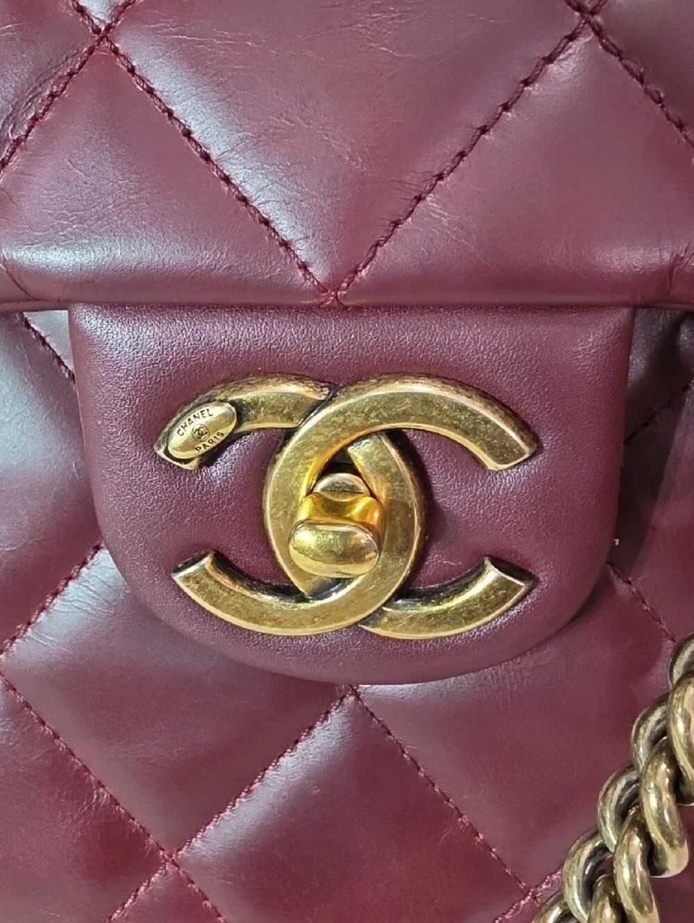 CHANEL Crinkle Leather Top-Hnadle Flap Bag in Deep Burgundy with Gold Hardware